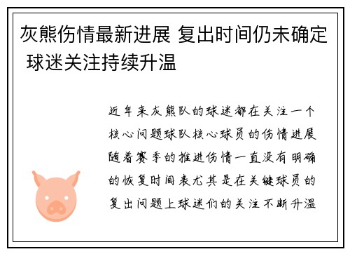 灰熊伤情最新进展 复出时间仍未确定 球迷关注持续升温