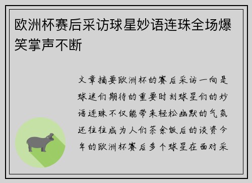 欧洲杯赛后采访球星妙语连珠全场爆笑掌声不断