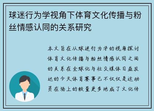 球迷行为学视角下体育文化传播与粉丝情感认同的关系研究