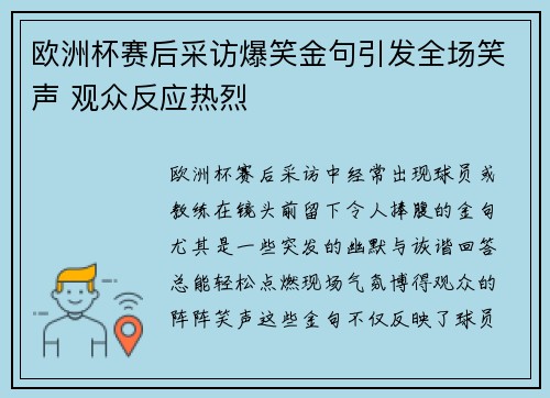 欧洲杯赛后采访爆笑金句引发全场笑声 观众反应热烈 欧洲杯赛后采访爆笑金句引发全场笑声 观众反应热烈