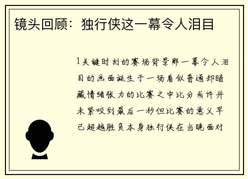 镜头回顾：独行侠这一幕令人泪目