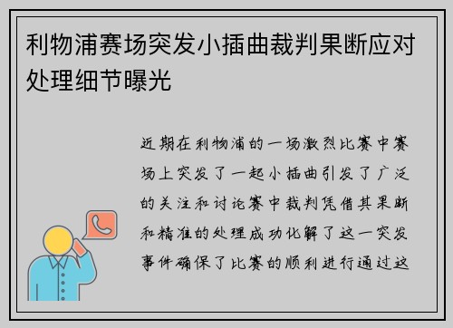 利物浦赛场突发小插曲裁判果断应对处理细节曝光