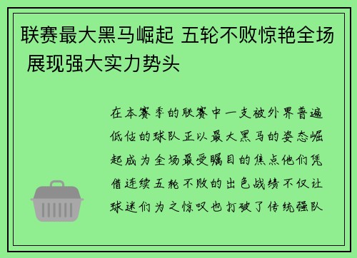 联赛最大黑马崛起 五轮不败惊艳全场 展现强大实力势头