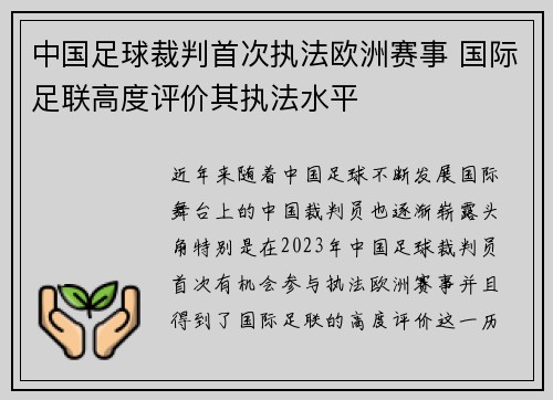 中国足球裁判首次执法欧洲赛事 国际足联高度评价其执法水平 中国足球裁判首次执法欧洲赛事 国际足联高度评价其执法水平